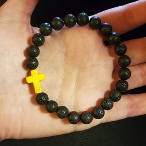 NWOT Black Lava Rock Yellow Beaded Cross Bracelet